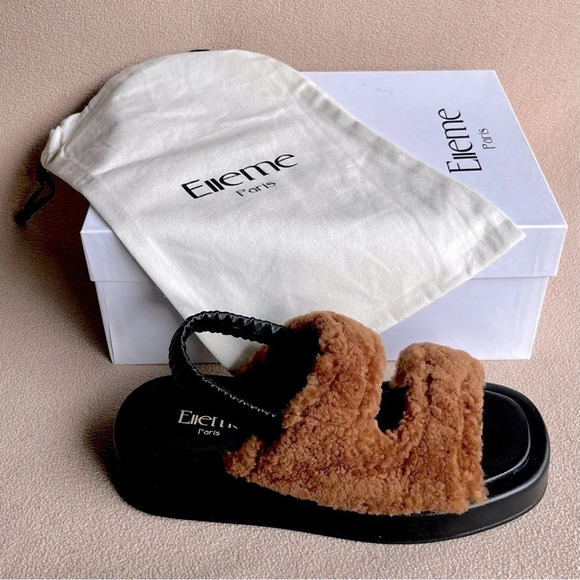 Elleme Gemini Shearling Teddy Slingback Sandal-Brown/Black-Women’s 6.5/7.5/8.5 - Picture 2 of 10